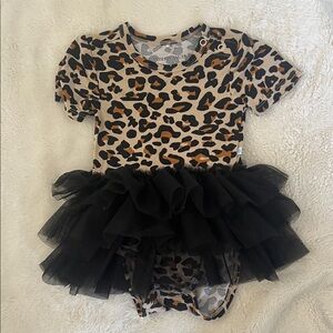Posh Peanut Leopard Print Baby Onesie with Black Tulle Skirt